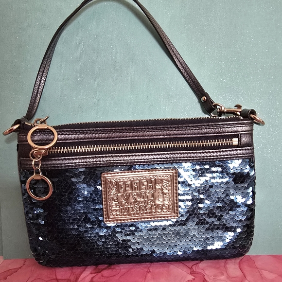 Coach Bag - Poppy By Coach - Blue Sequin Wristlet - Picture 1 of 6